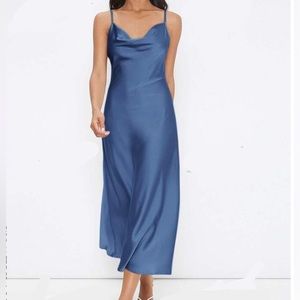 Blue cowl neck tea length dress